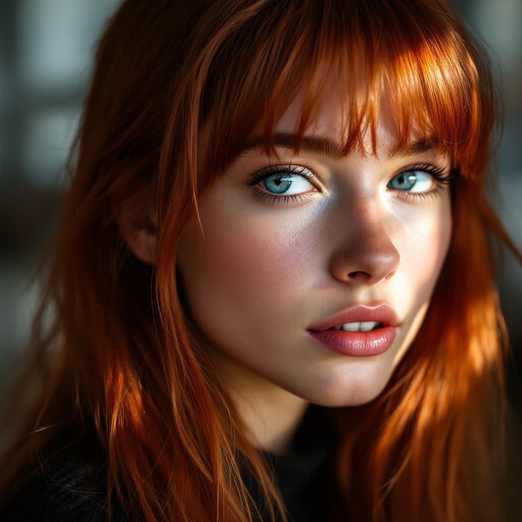 AI generated: young man, 20 years old, attractive face, blue eyes, thin nose, long red hair, straight bangs. high ...