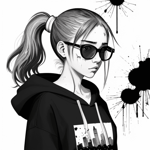AI generated: a painting of 18 years old women with white side ponytail hair, glasses, hoodie, in the style of man...