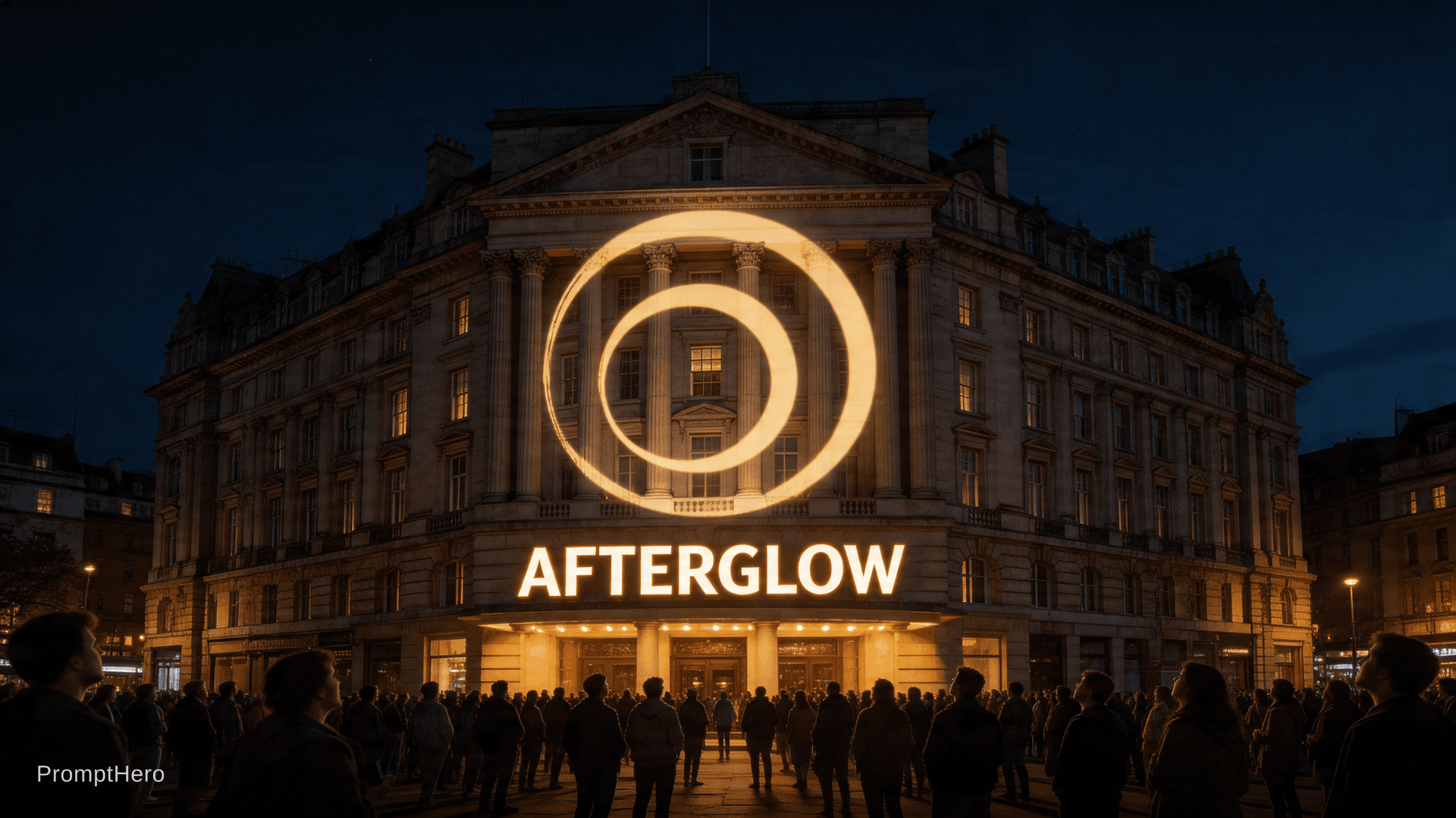 AI generated: A cinematic wide photograph at night of the Queen's Hotel Leeds' grand neoclassical stone facade wit...