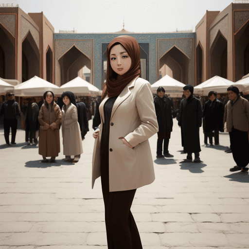 AI generated: Brown and white street photography of an attractive Chinese woman in jacket, standing middle of Imam...