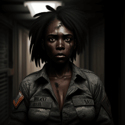 AI generated: Black woman, Long hair,with very torn military clothes, in a dark setting, she has a gun, her face i...