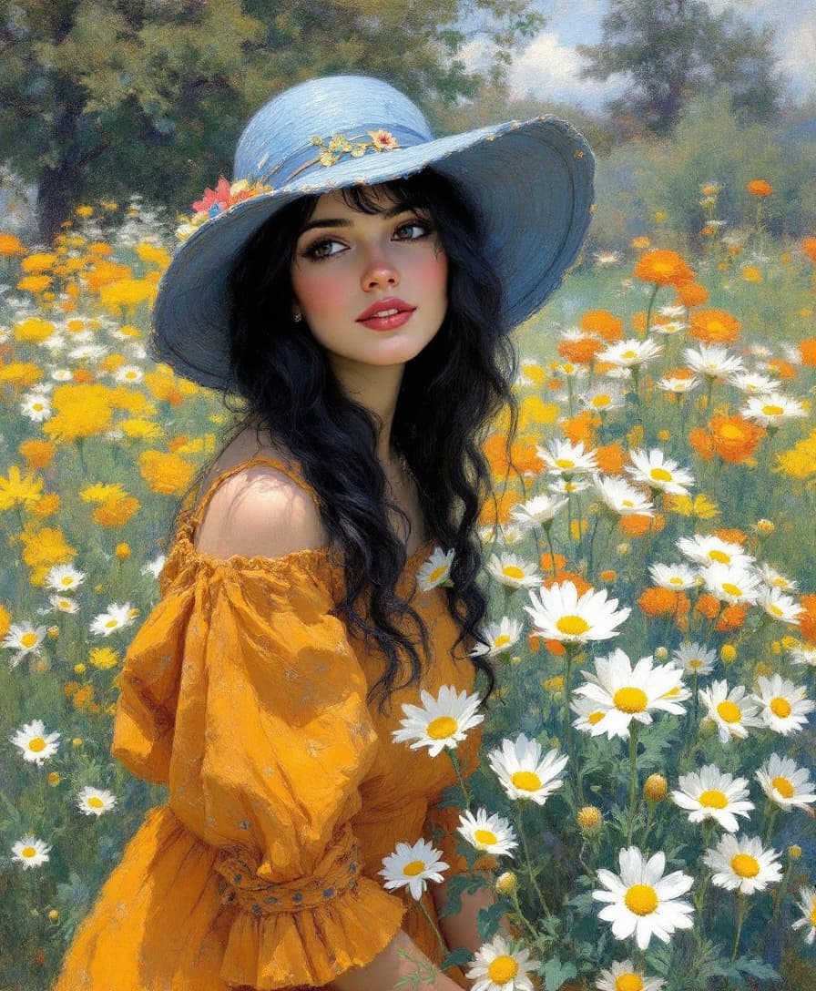 AI generated: 
Beautiful whimsical woman with black hair, blue hat and orange dress in garden with daisies in Pier...