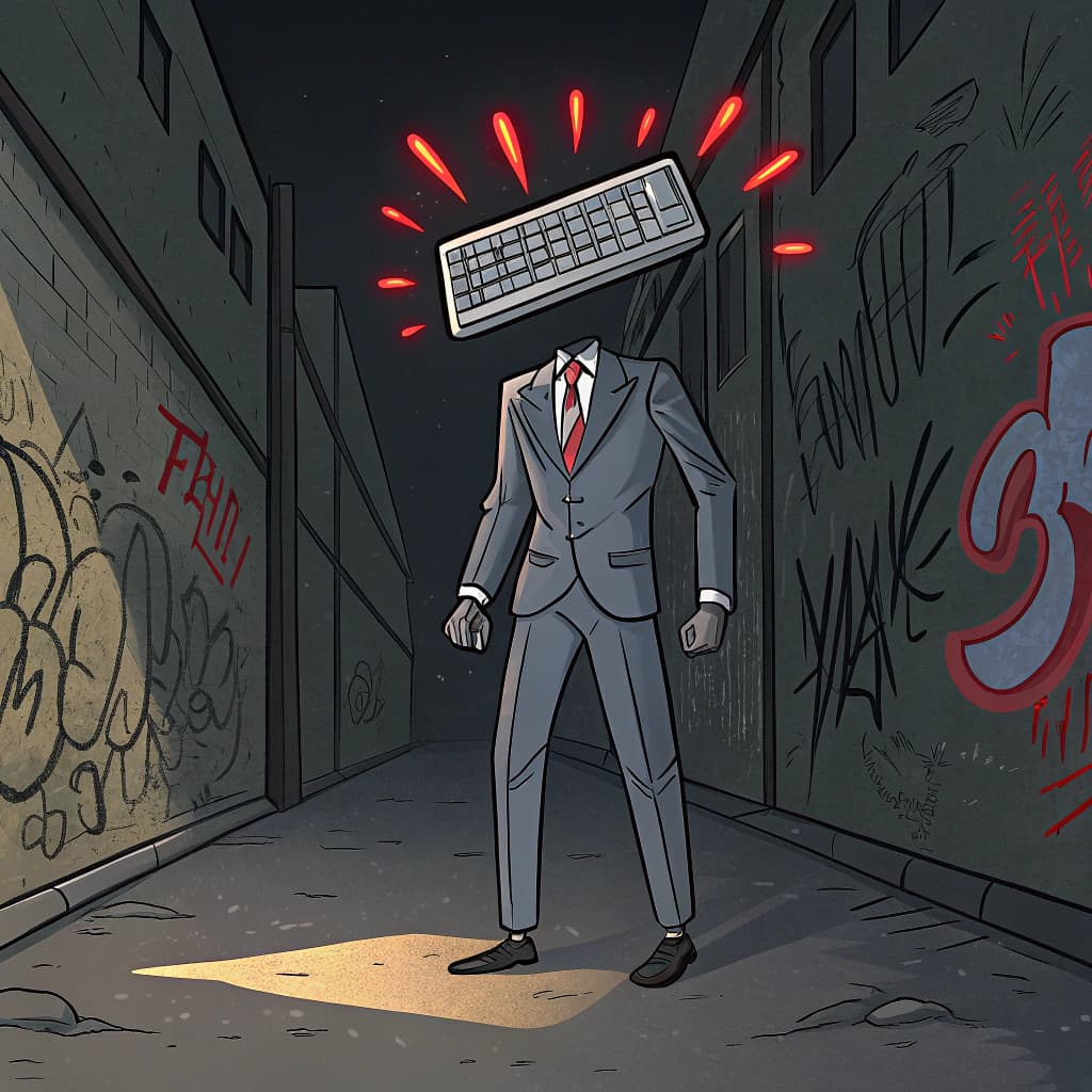 AI generated: a humanoid figure in a full-length formal suit, with curved shoulders and a computer keyboard floati...