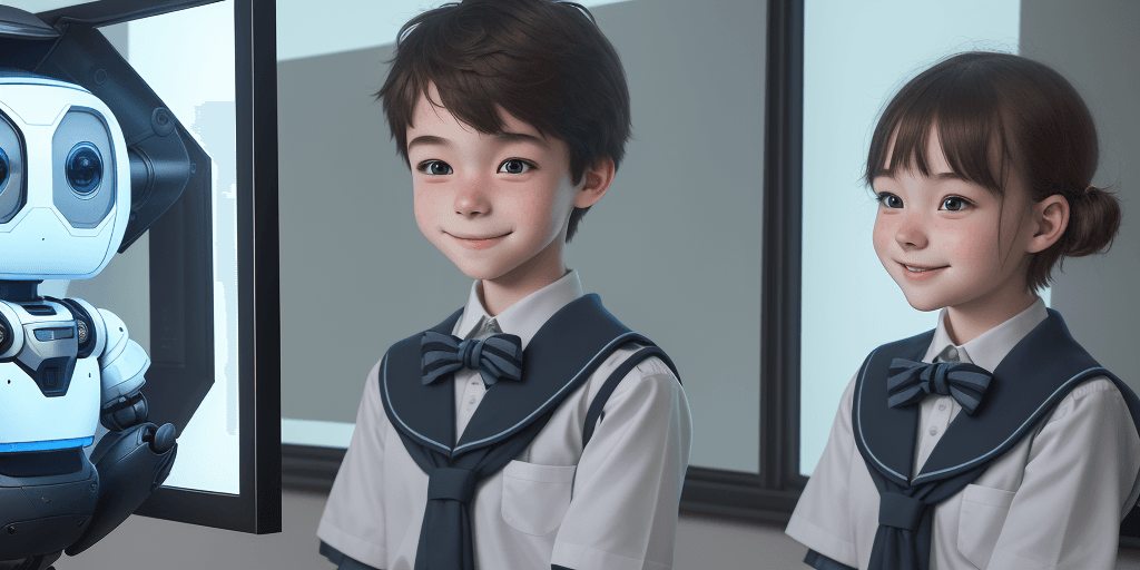AI generated: two human boy and girl students, detail face, smile, wearing school uniforms, learning with a small ...