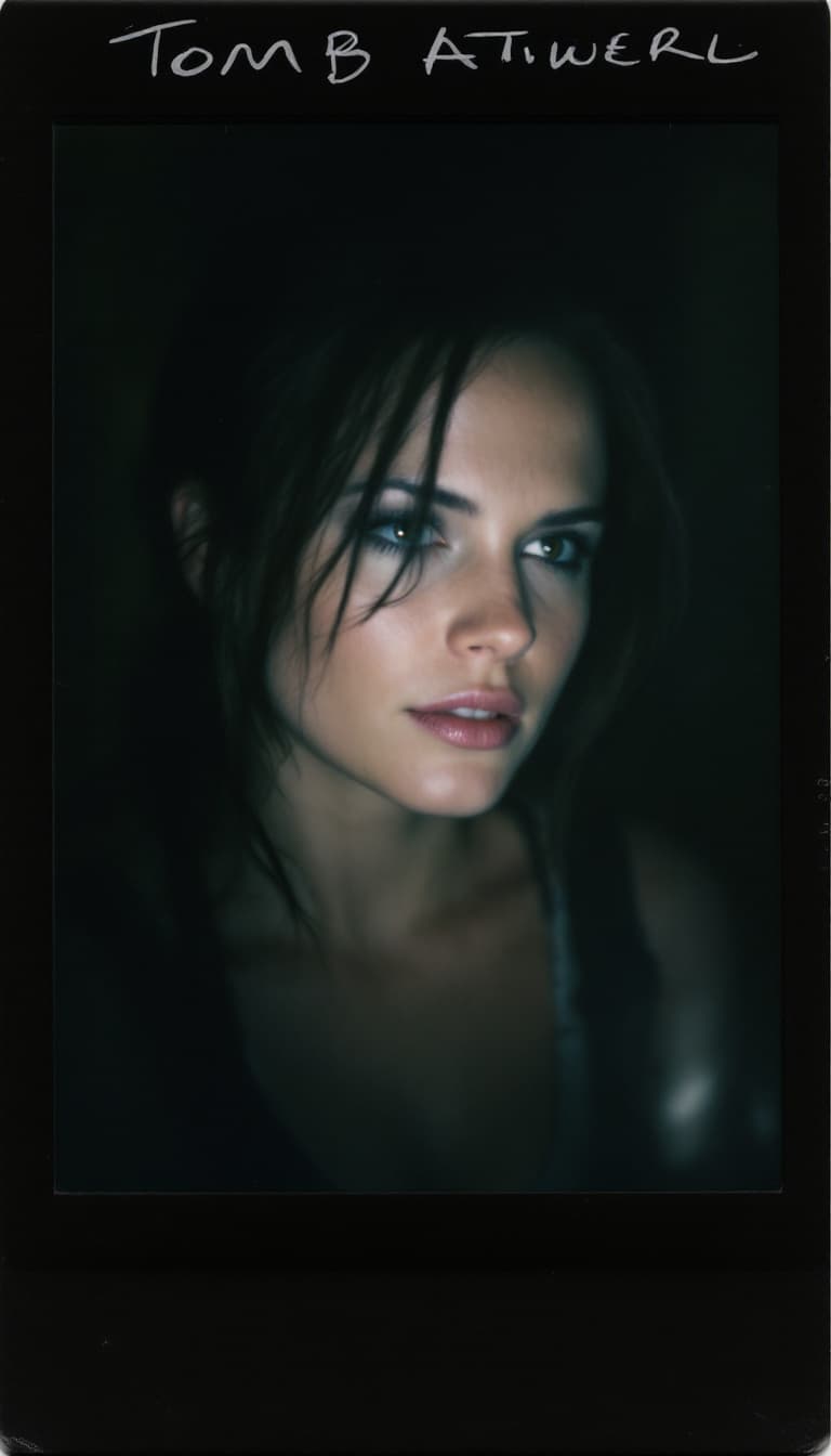 AI generated: Hayley Atwell, Tomb Raider 2013,shot on a Polaroid camera 