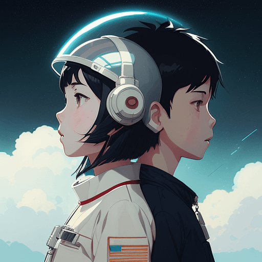 AI generated: portrait of boy and girl with astronaut helmets by ilya kuvshinov, cloudy sky background lush landsc...