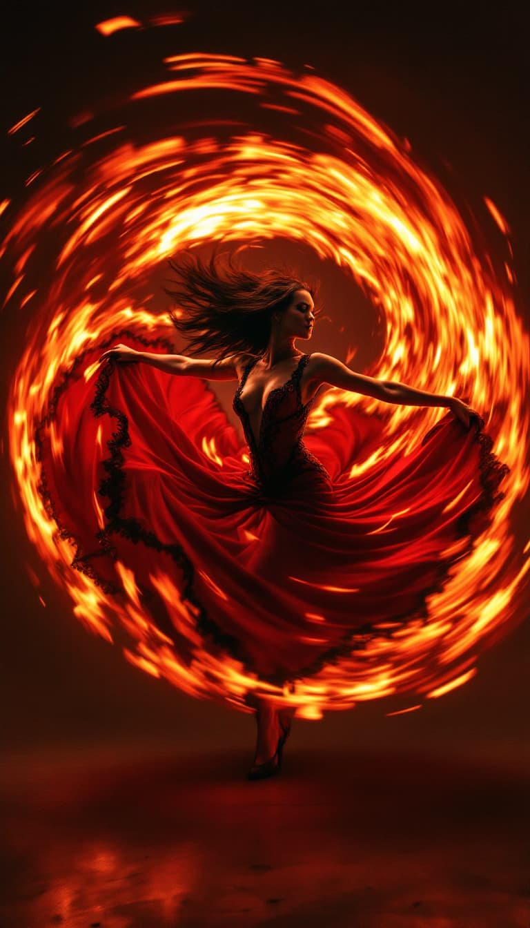 AI generated: "Crimson Cyclone: A Flamenco of Fury": A live-action film shot focuses on a female dancer, seen at a...
