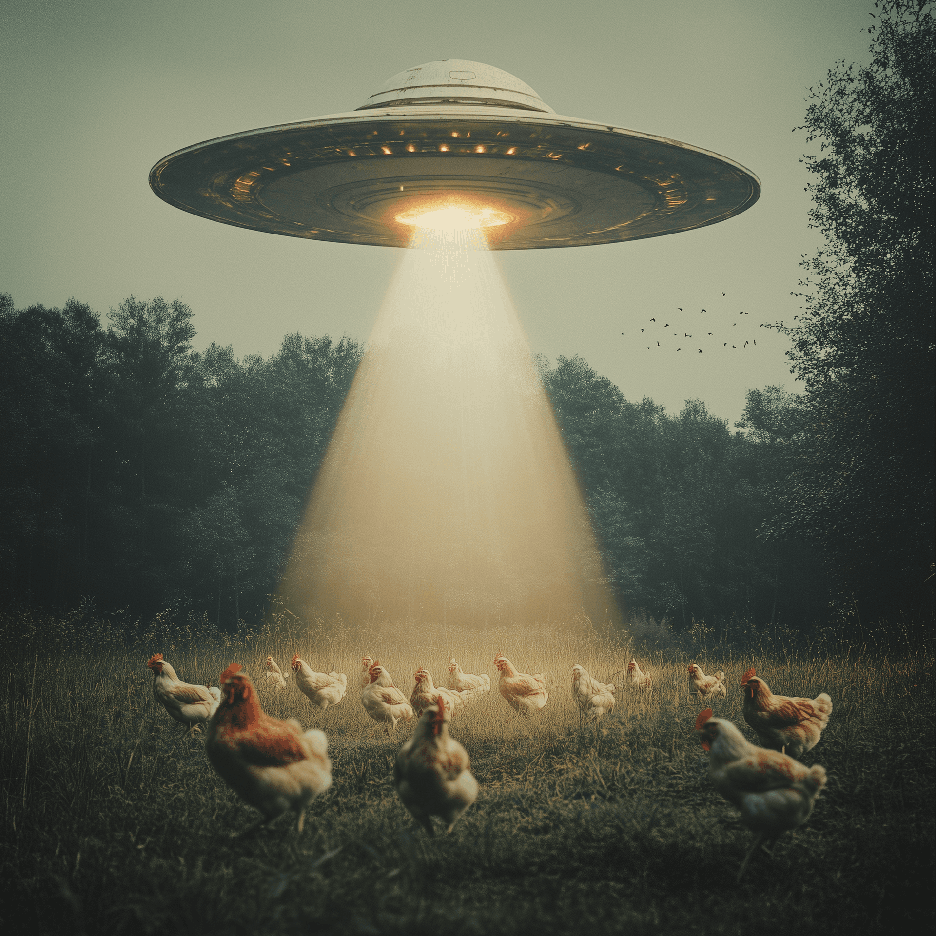 AI generated: A large flying saucer shines down light on chickens running around in the field, in the style of vin...