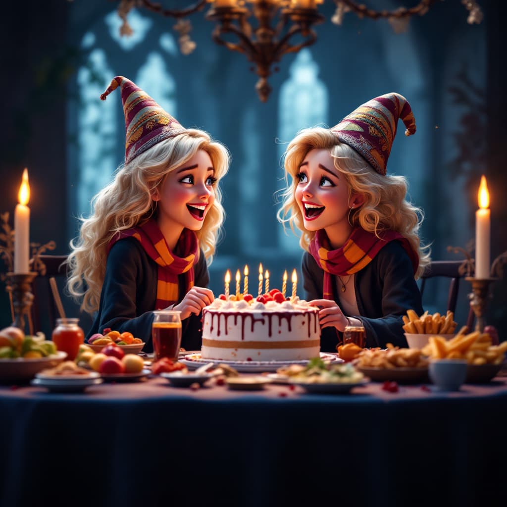 AI generated: cartoon two blond woman celebrating birthday over a big table with a lot of food, a feast and cake. ...