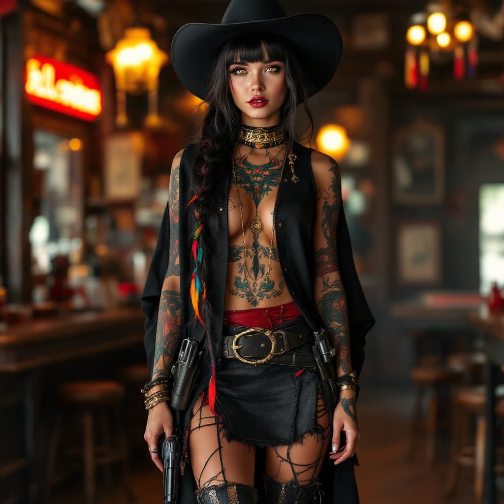 AI generated: Full body photo HD beautiful girl standing in saloon, wearing a black Stetson, black Native American...