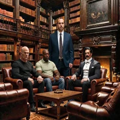 AI generated video: Preserve the grand library chamber in warm stillness. No camera movement. 

At opening: 

All seated...