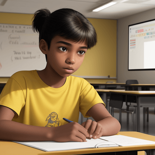 AI generated: A 13-year-old student, wearing a yellow t-shirt, interacting with a robot humanoid teacher in a clas...