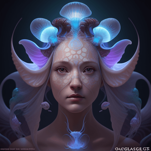 AI generated: Goddess close-up portrait ribcagel. jellyfish phoenix head, nautilus, orchid, skull, betta fish, bio...