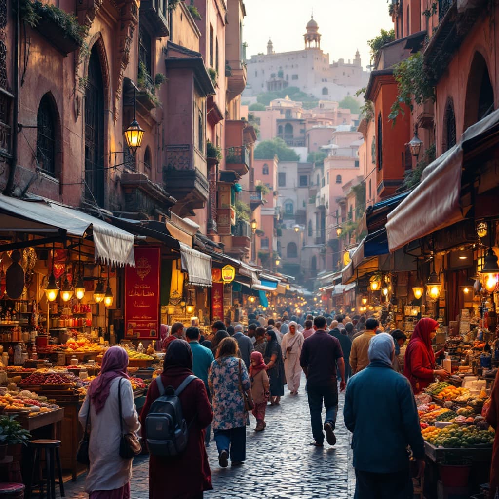 AI generated: Bustling Moroccan market with vibrant stalls, rich colors, 4k resolution, detailed patterns, traditi...