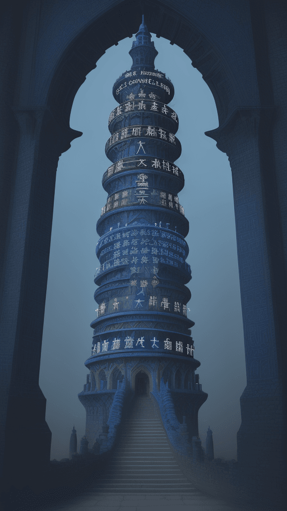 AI generated: Create an enchanting depiction of The Tower of Language in indigo blue. Let letters from multiple la...