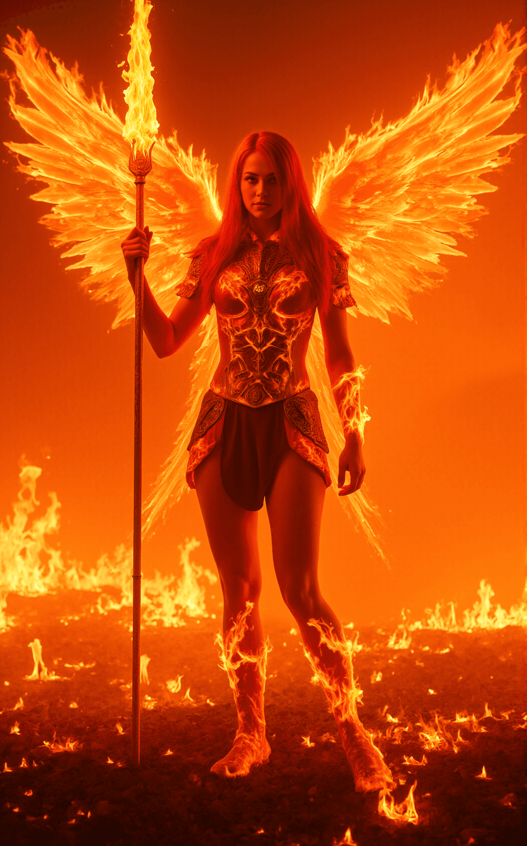 AI generated: In the heart of a fiery battlefield, a fierce fire phoenix warrior stands triumphantly, her presence...