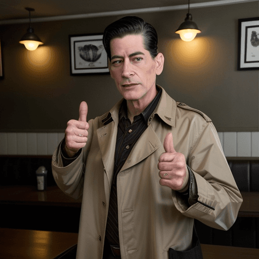 AI generated: Dale cooper from twin peaks giving an iconic thumbs up in his tan trench coat while taking a sip of ...