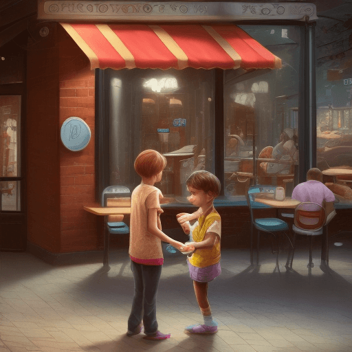 AI generated: a child outside mcdonalds with his mom busy at a busy coffee shop, highly detailed face, digital art...