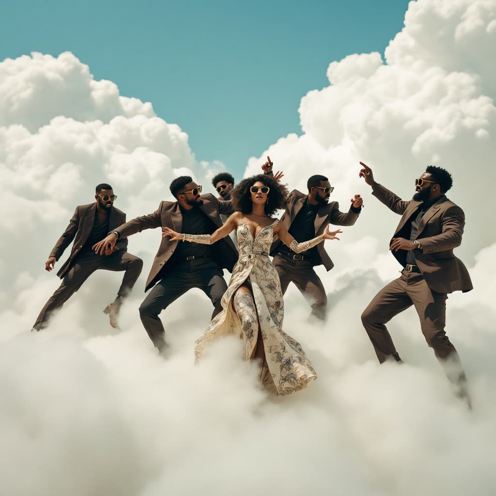 AI generated: A photo of an eccentric GROUP OF 5 BLACK MEN AND WOMEN DANCING on top of white fluffy clouds wearing...
