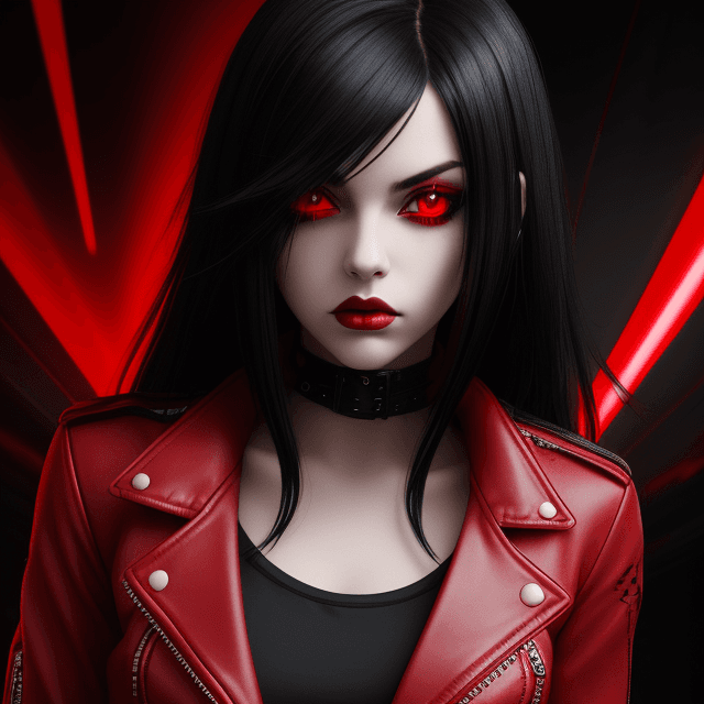 AI generated: emo girl. red leather jacket with black trim. glowing red iris. blak black hair with red highlights....