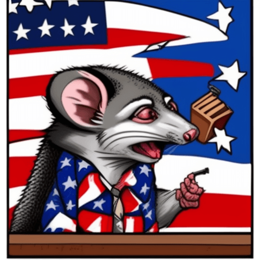 AI generated: an opossum hissing angrily about commies. American flags. Beer. Guns. Words to display are "hiss at ...