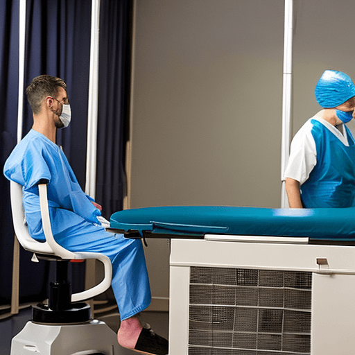 AI generated: A female surgeon in a blue surgical gown, white surgical, white surgical mask and teal latex gloves ...