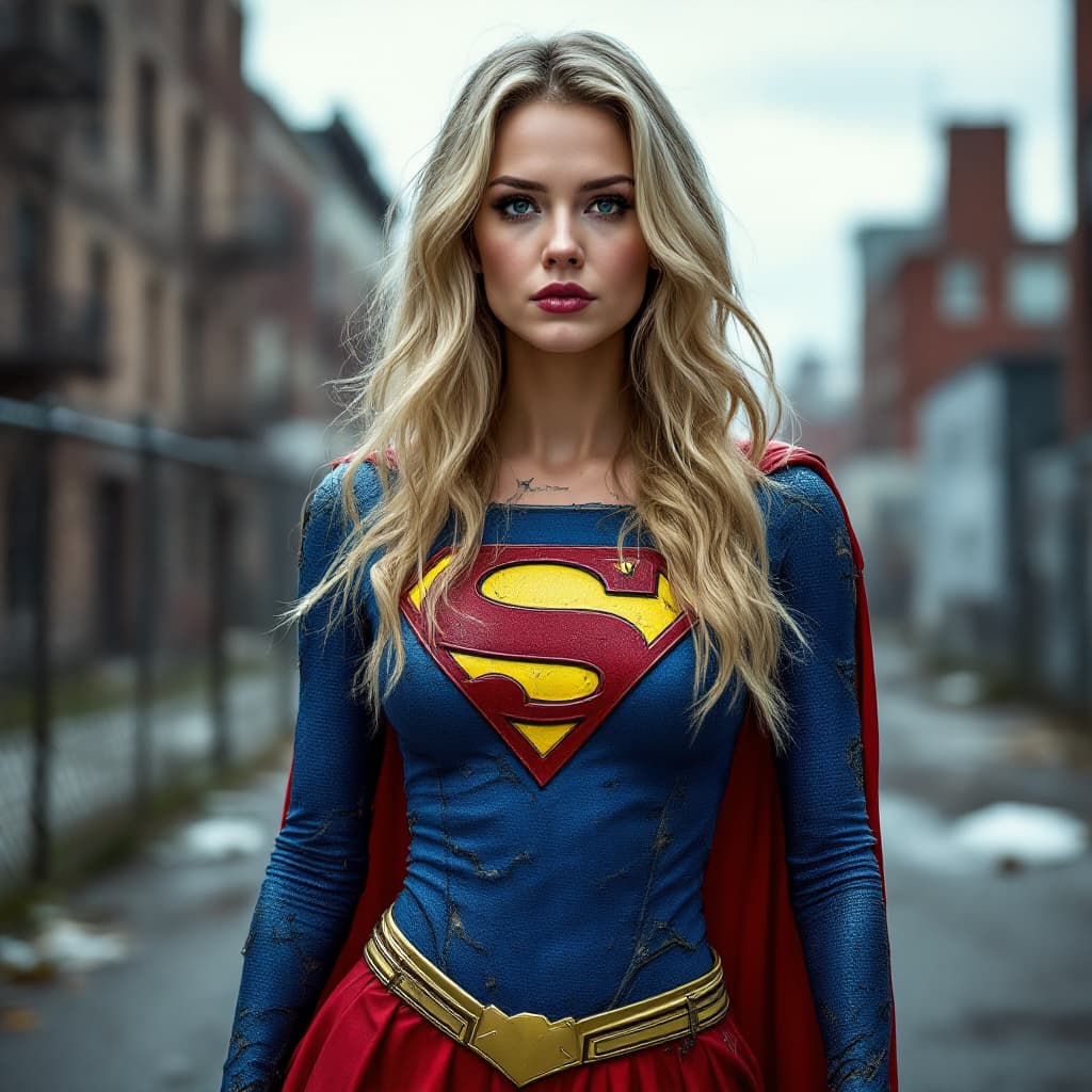 AI generated: Image is a stylized, high-contrast photograph featuring a woman dressed in a tattered superhero cost...