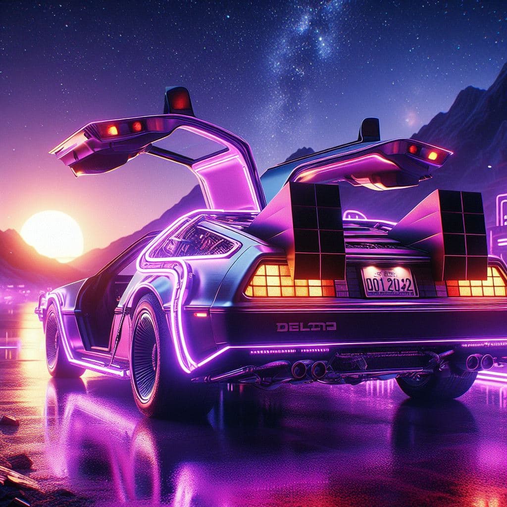 AI generated: Delorean dmc-12 , , road, purple neon lights, sun, mountain, , detailed, high-res),different angles,...