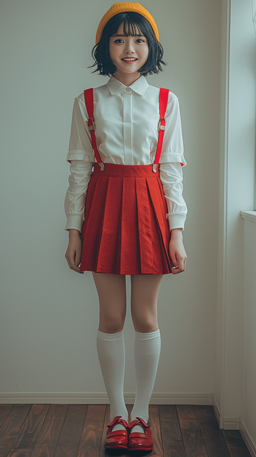 AI generated: Photograph, f/5, very short black hair with choppy bangs, Japanese smiling thin girl wearing red ski...
