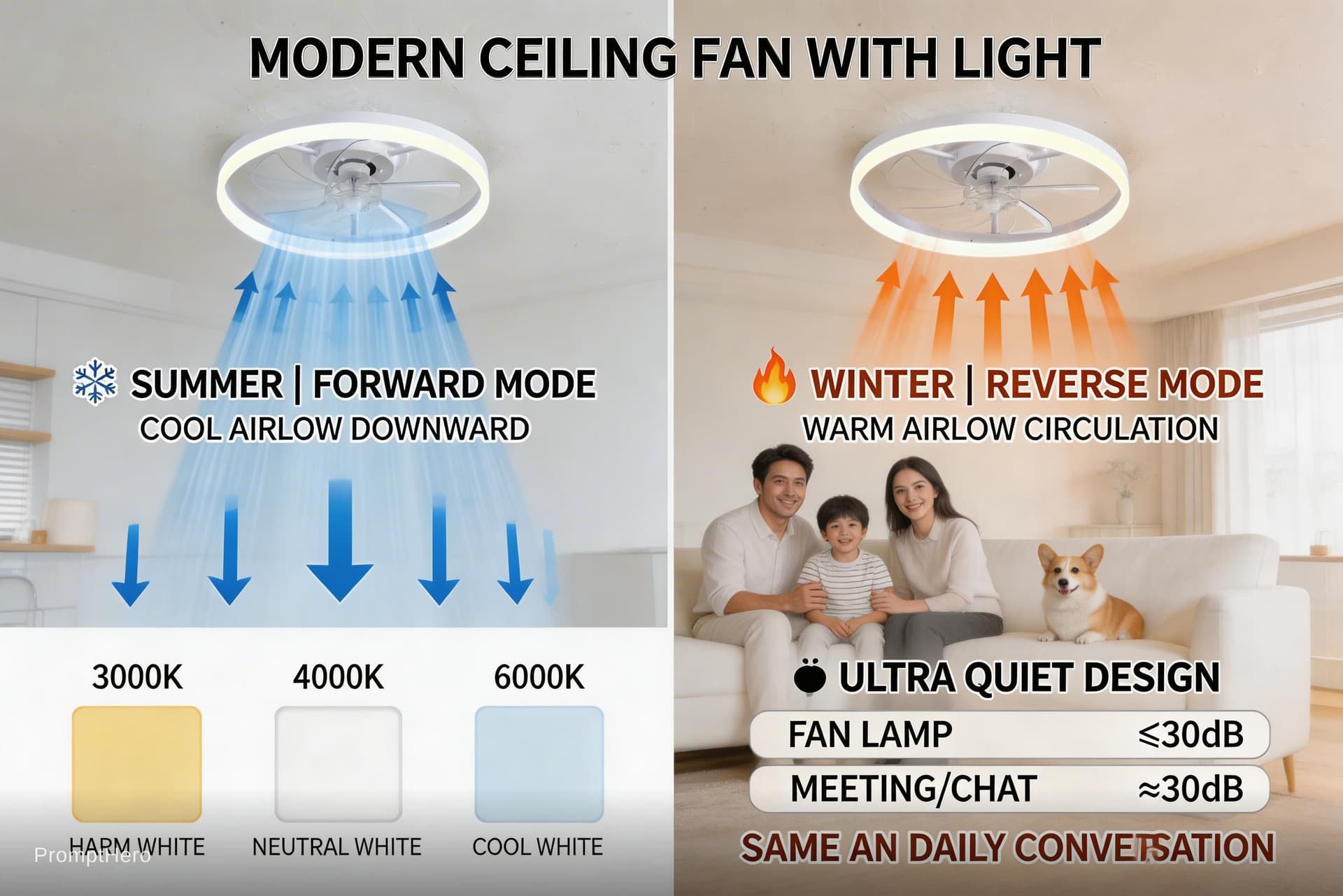 AI generated: Amazon A+ content infographic, modern ceiling fan with light, split screen showing summer forward co...