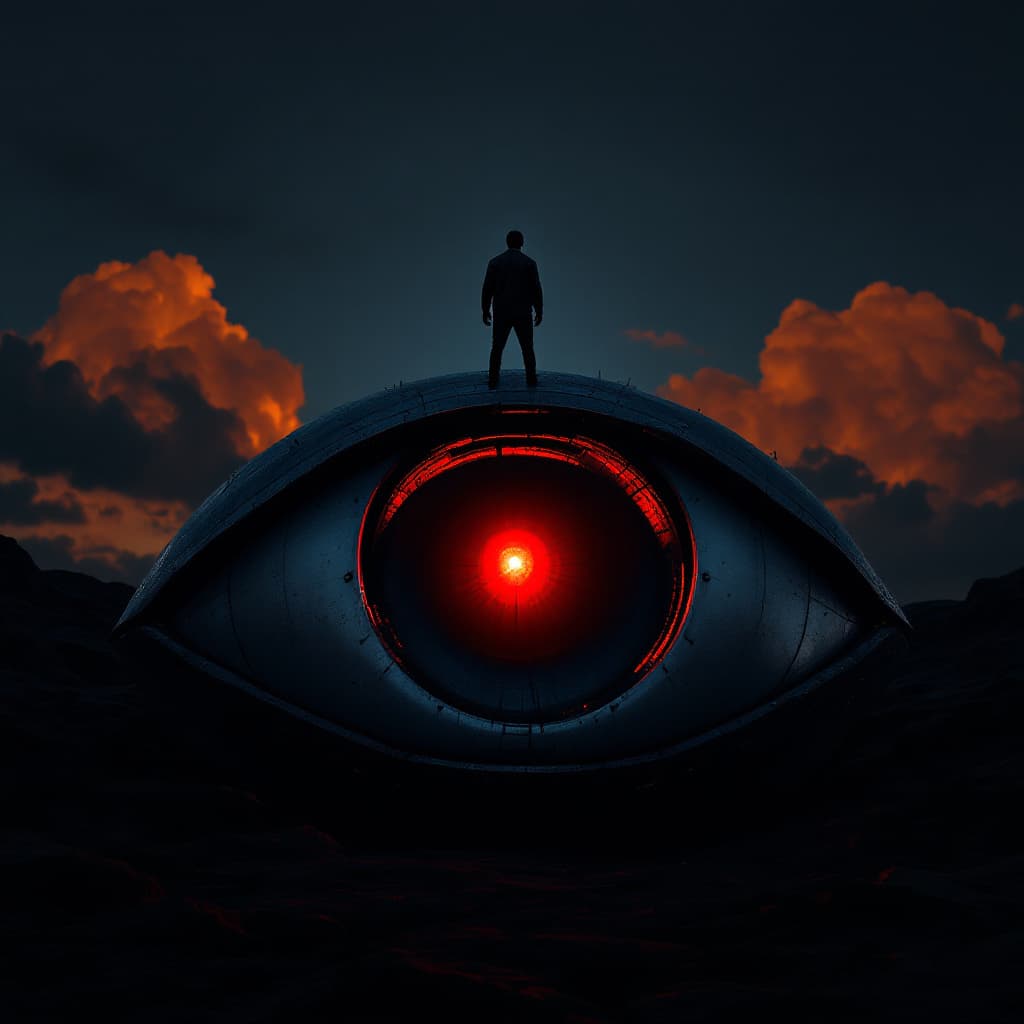 AI generated: A man stands on top of an alien metal object shaped like an eye, against a backdrop of orange clouds...