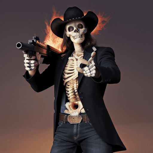 AI generated: A flaming skeleton pointing a gun forward, cowboy clothes, glowing eyes, pastel dark colors, oil pas...