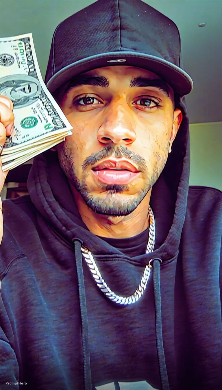 AI generated: arafed man in a black hoodie holding a bunch of money, gta art, style of gta v artworks, paid artwor...