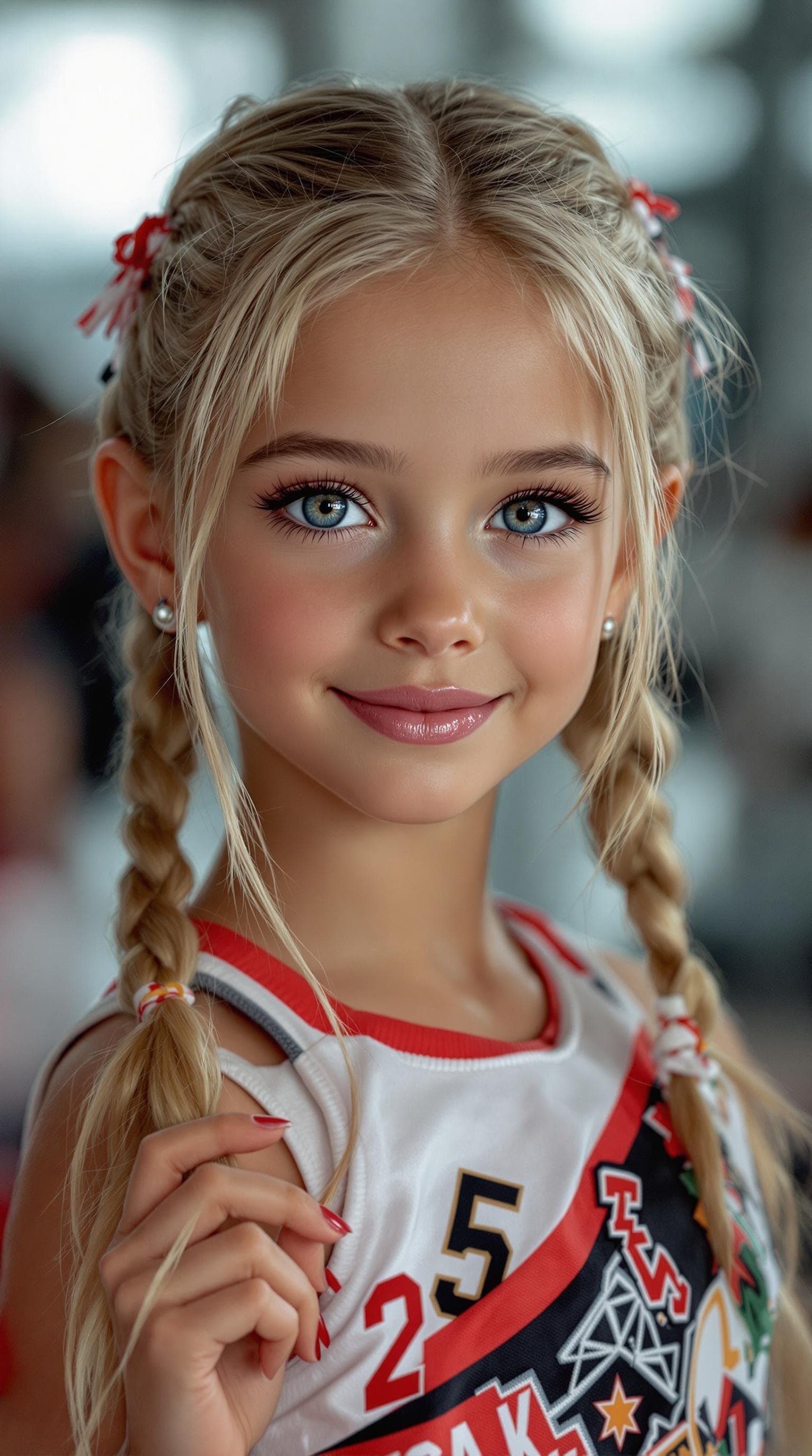 AI generated: a professional photo of a exceptionally beautiful girl in the world (age 7), (seven year old) cheer ...