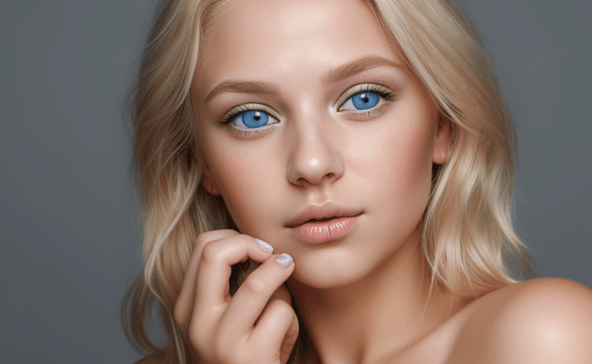 AI generated: close up beauty shot of young blonde woman with wild cropped blonde hair, grey blue eyes head tilt, ...