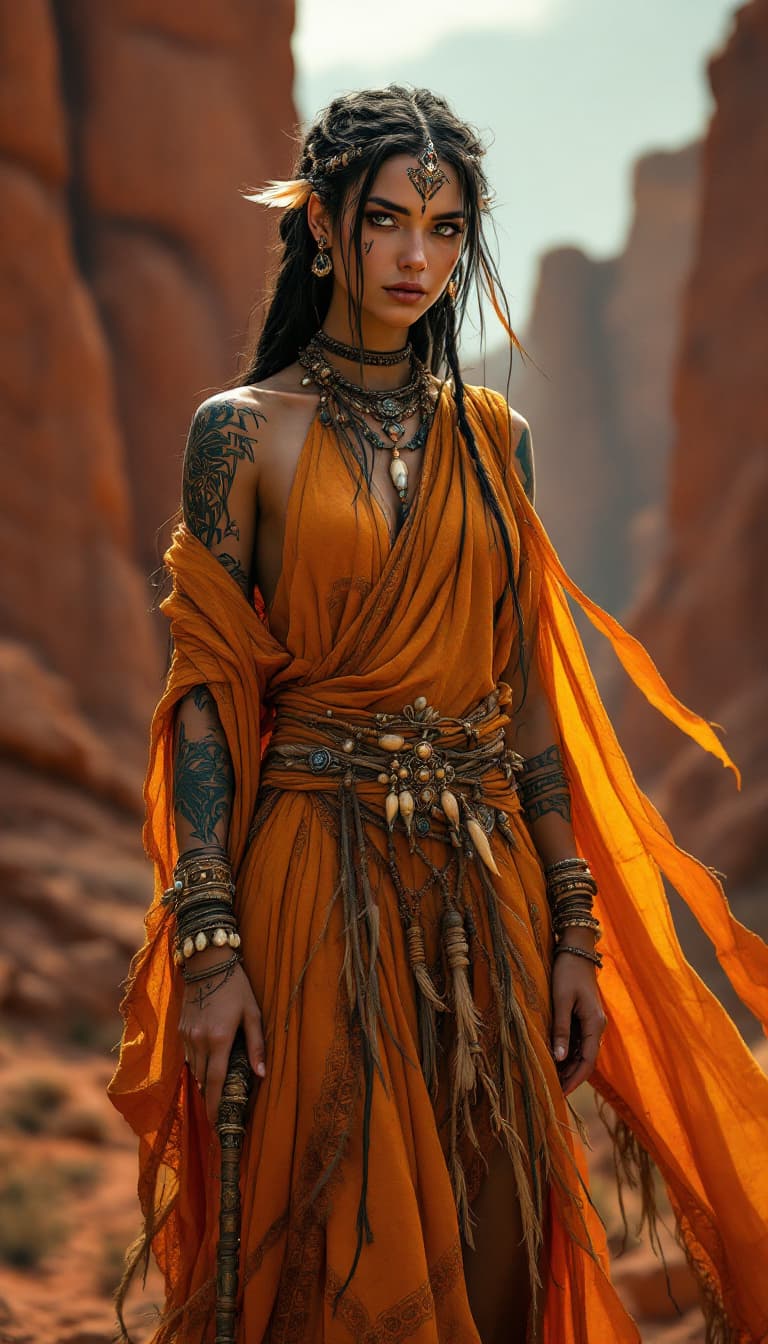 AI generated: An ultra-realistic, full-body portrait of a mesmerizing tribal shaman woman, radiating primal energy...