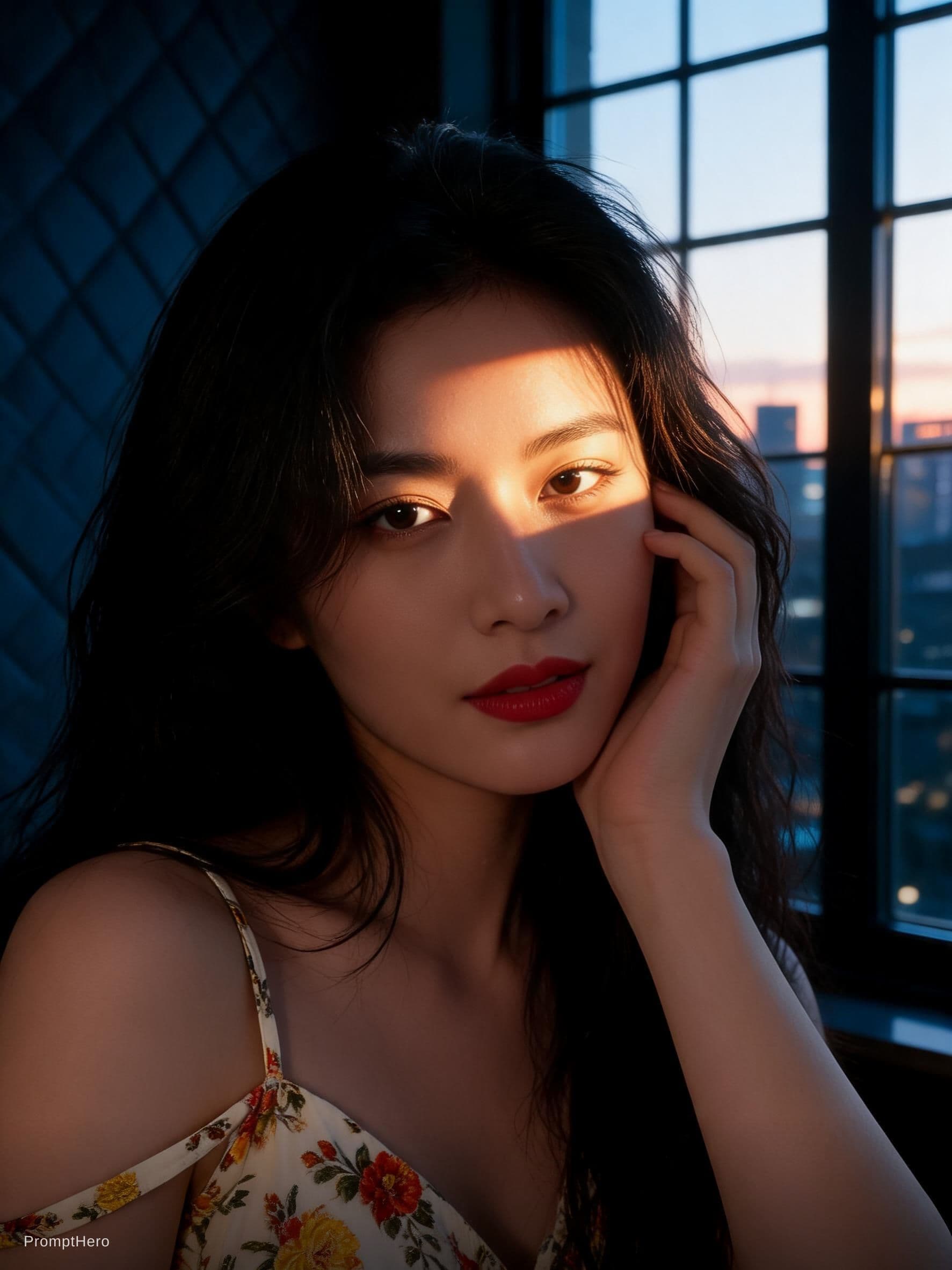 AI generated: A cinematic photorealistic boudoir portrait of a beautiful Asian woman kneeling on a bed. She is wea...