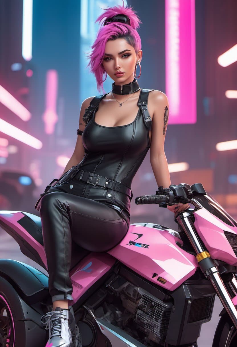 AI generated: araffe sitting on a motorcycle with a pink seat and black pants, sitting on cyberpunk motorbike, cyb...