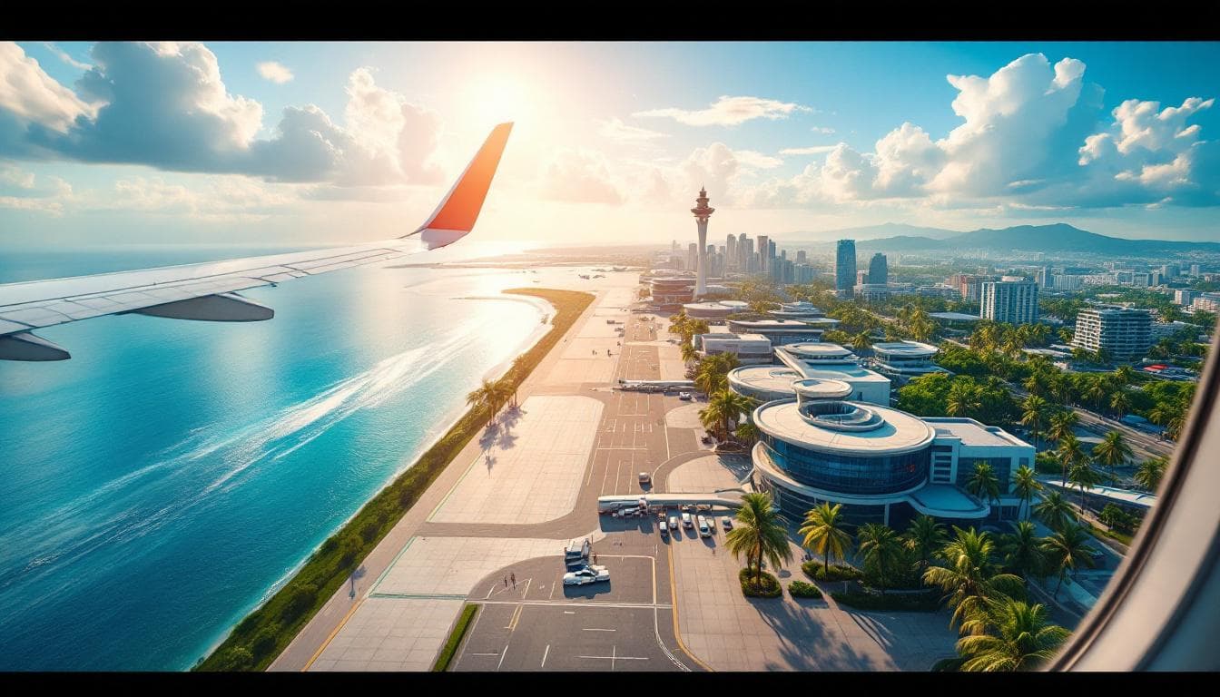 AI generated: Hyper-realistic, aerial view of a modern tropical city airport during a summer morning. Captured fro...