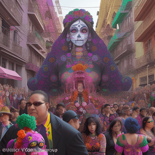 AI generated: vibrant day of the dead parade on colourful streets on Mexico surrounded by crowds of people, style ...