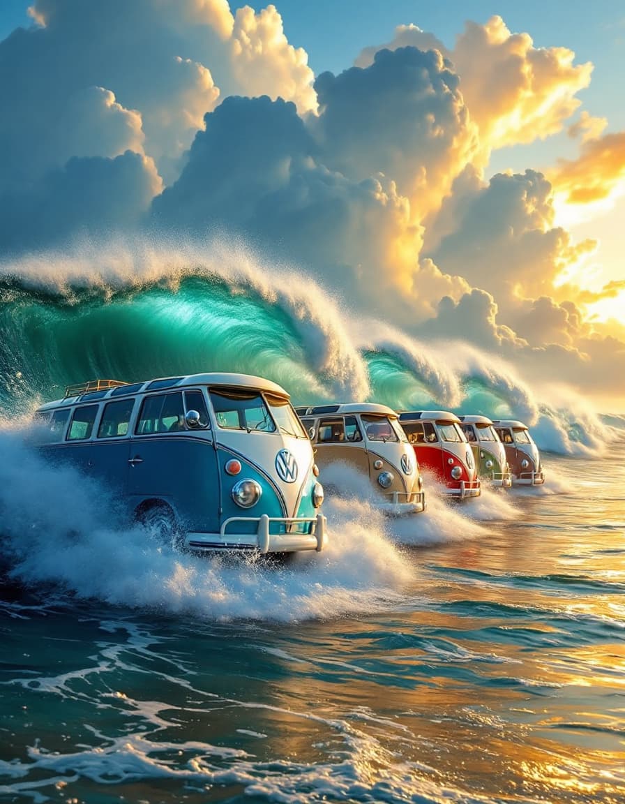 AI generated: 4 Classic Vw buses of blue and white, red and white teal green and withe and tan and white colors ar...