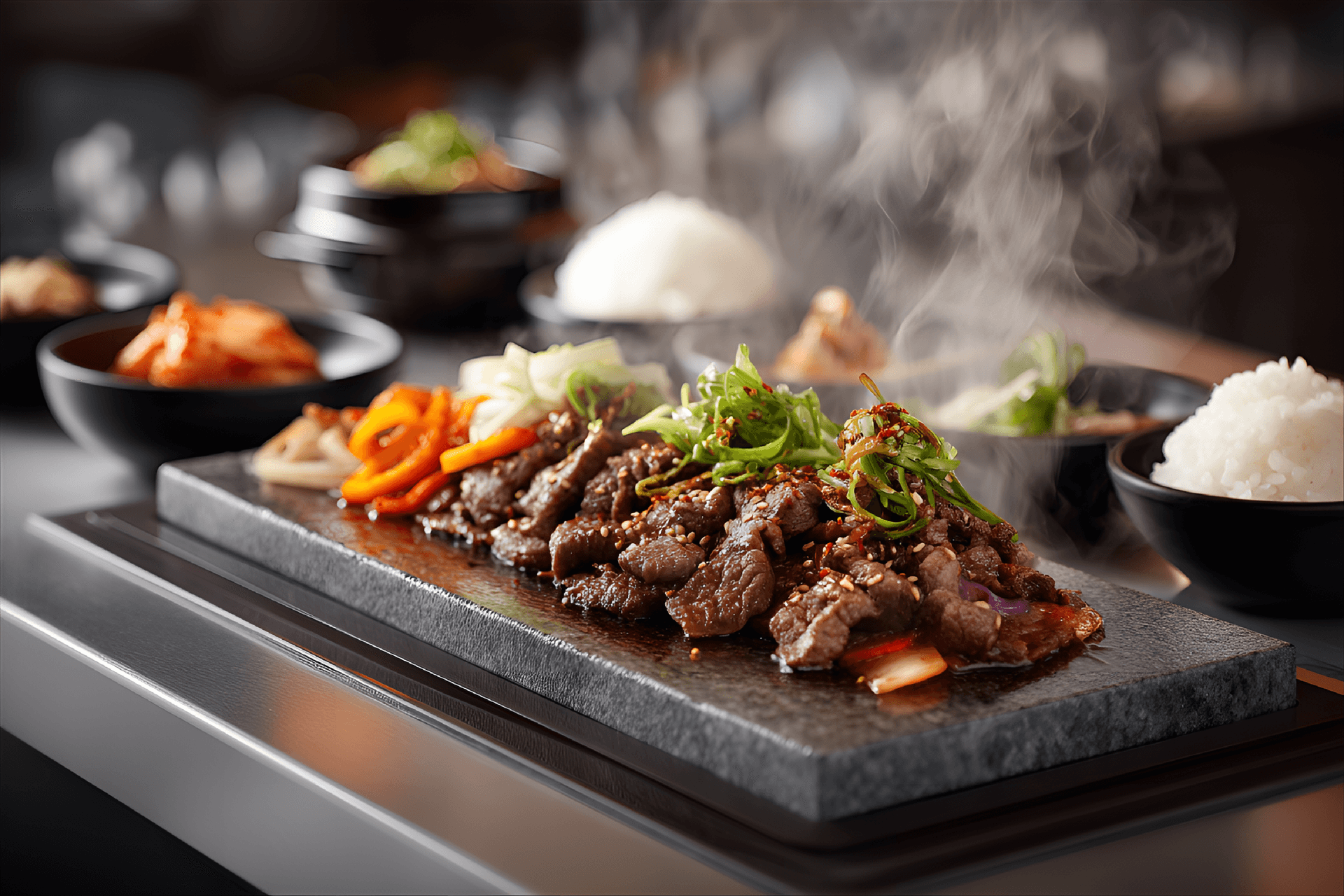 AI generated: delectable plate of beef bulgogi on a sizzling hot plate, served with steamed rice and Korean side d...