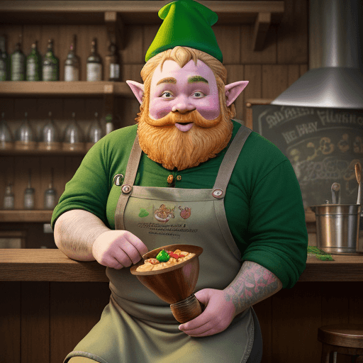 AI generated: in the background there is a bar counter, a kindly leprechaun in a chef's hat, sitting on a bar stoo...