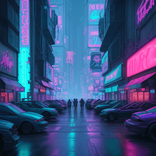 AI generated: a view of a city street with neon lights and neon signs, cinematic neon matte painting, dreamy color...