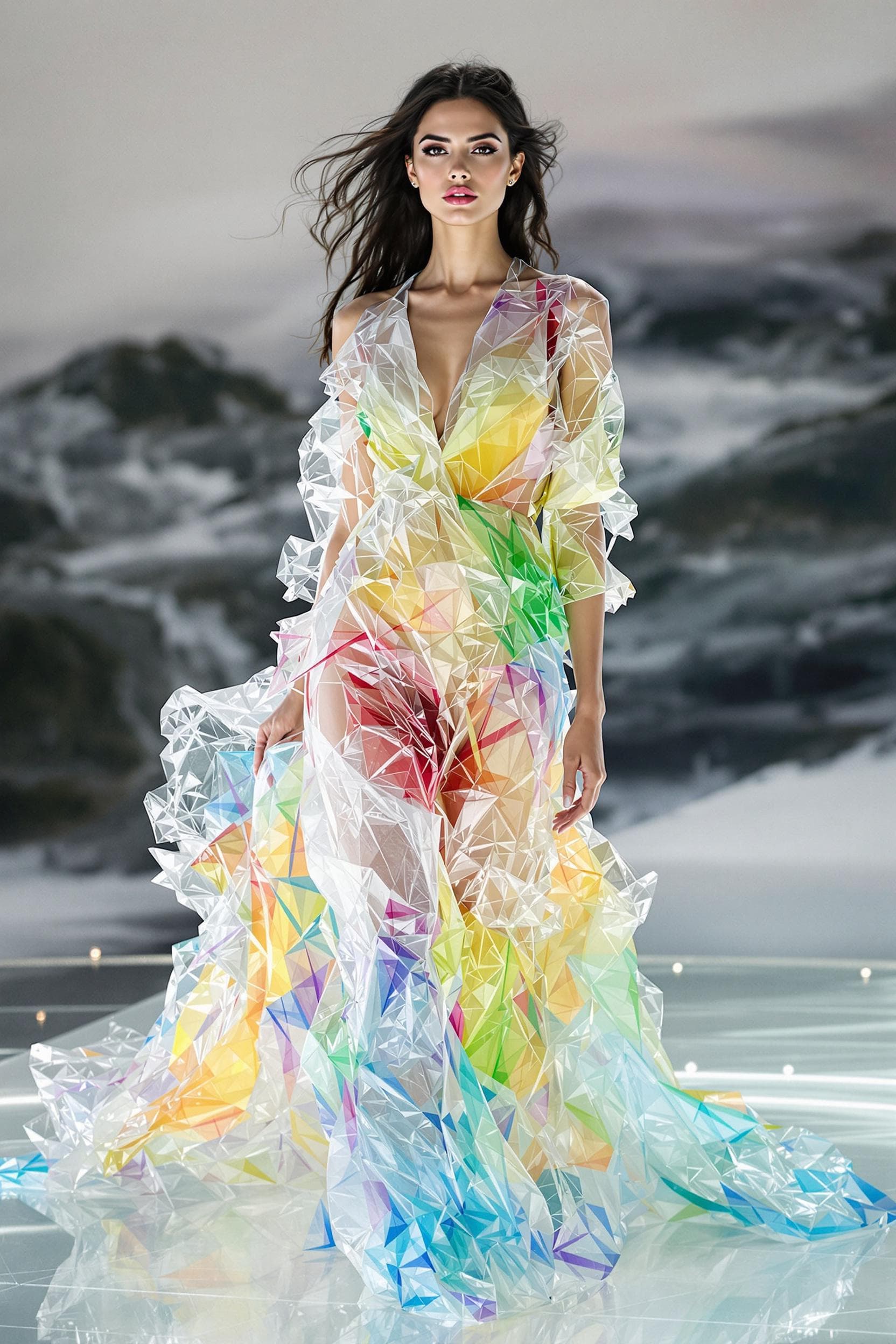 AI generated: Une femme islandaise, beau visage, silhouette parfaite, portant une longue robe en gelée, surface de...