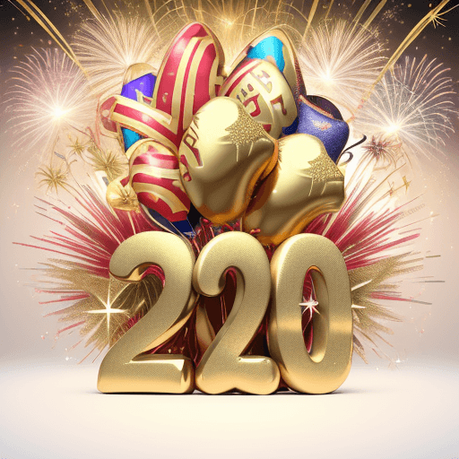 AI generated: abstract 3D New Year's image with golden decoration on the top, fireworks, stars, balloons, glitters...