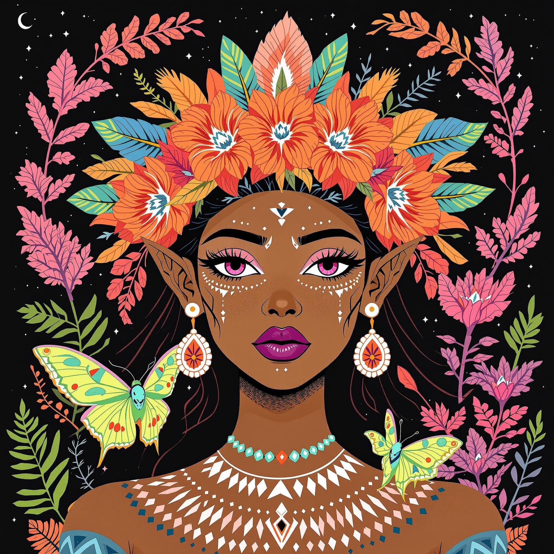 AI generated: Create an abtract patterned tribal illustration of a mystical female character with medium brown ski...