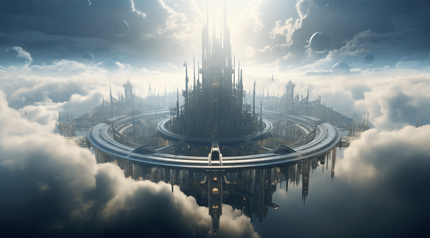 AI generated: a futuristic city is floating above the clouds, in the style of neoclassical symmetry, metallic rota...