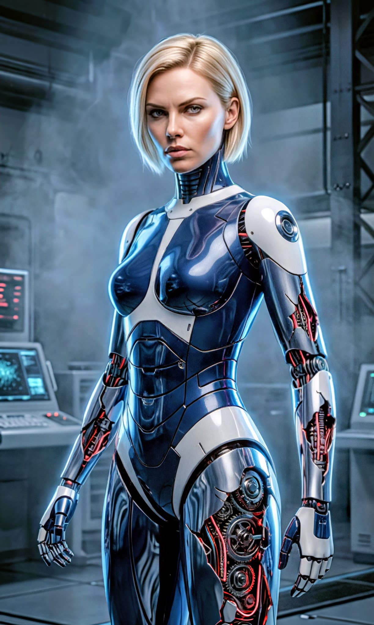 AI generated: A cinematic 9:16 portrait of a Caucasian blonde haired female cyborg. Her face features hyper-realis...