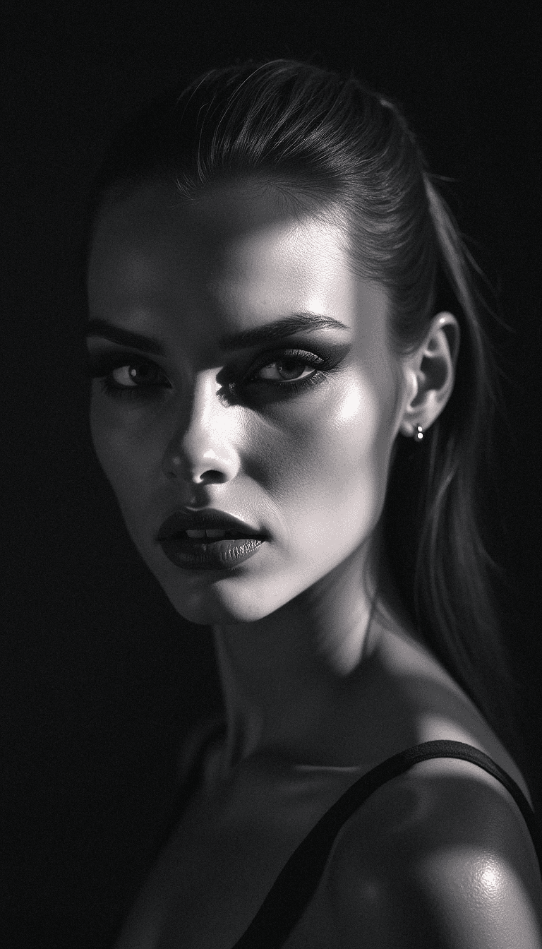 AI generated: A black-and-white close-up portrait of a woman with tightly pulled-back hair, bold eyeliner, and dar...